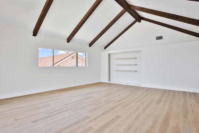 286 E Mission Rd, Corona, CA 92879 - unfurnished living room with beam ceiling, light wood-style flooring, built in features, and high vaulted ceiling