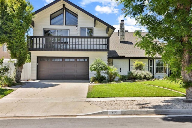 286 E Mission Rd, Corona, CA 92879 - view of front facade with driveway, a front yard, an attached garage, a balcony, and a chimney