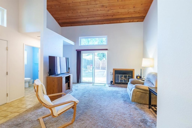 3833 Via Del Bardo, San Ysidro, CA 92173 - carpeted living area with high vaulted ceiling, a glass covered fireplace, and wooden ceiling