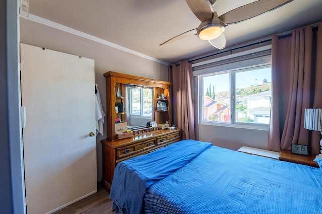 3833 Via Del Bardo, San Ysidro, CA 92173 - bedroom featuring ornamental molding, wood finished floors, and ceiling fan