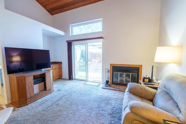 3833 Via Del Bardo, San Ysidro, CA 92173 - living room featuring a fireplace, light carpet, wooden ceiling, and high vaulted ceiling