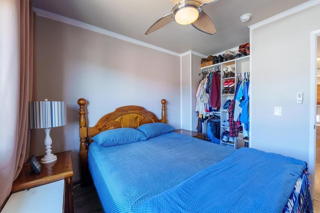 3833 Via Del Bardo, San Ysidro, CA 92173 - bedroom featuring crown molding, a closet, wood finished floors, and ceiling fan