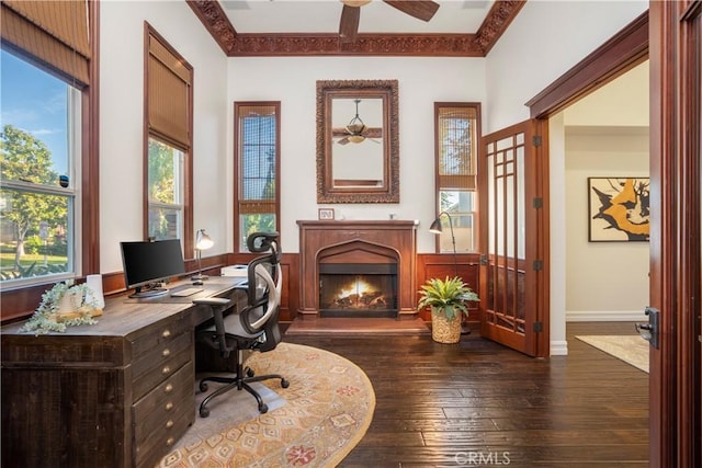 25 Thalia St, Ladera Ranch, CA 92694 - office space featuring a lit fireplace, dark wood finished floors, ceiling fan, and crown molding
