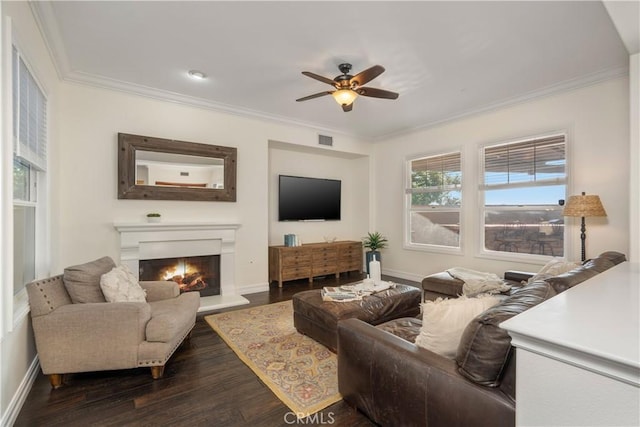 25 Thalia St, Ladera Ranch, CA 92694 - living area featuring a ceiling fan, dark wood-type flooring, ornamental molding, and a lit fireplace