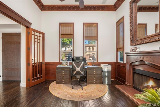 25 Thalia St, Ladera Ranch, CA 92694 - office space with crown molding, wainscoting, a warm lit fireplace, and dark wood-style floors