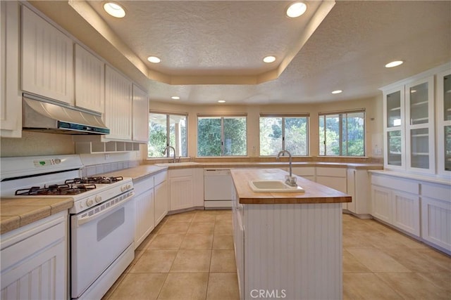 6305 Portola Rd, Atascadero, CA 93422 - kitchen featuring under cabinet range hood, white appliances, healthy amount of natural light, recessed lighting, and a textured ceiling