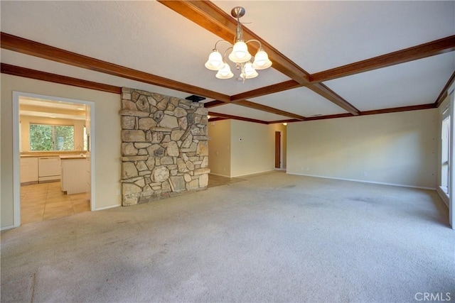 6305 Portola Rd, Atascadero, CA 93422 - unfurnished living room featuring a chandelier, beam ceiling, and light carpet