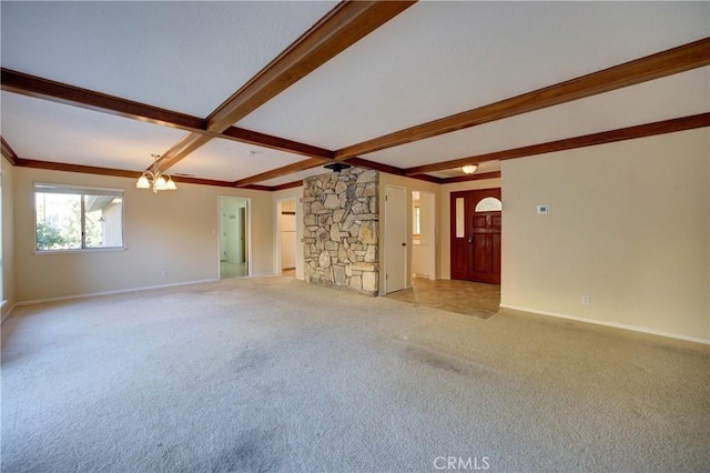 6305 Portola Rd, Atascadero, CA 93422 - unfurnished living room with beamed ceiling, a chandelier, and light colored carpet