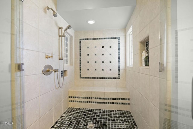 2142 Klamath Dr, Camarillo, CA 93010 - bathroom featuring a shower stall, tile walls, and recessed lighting