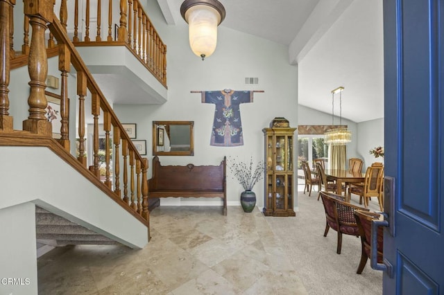 2142 Klamath Dr, Camarillo, CA 93010 - entrance foyer with stairway, high vaulted ceiling, and a chandelier