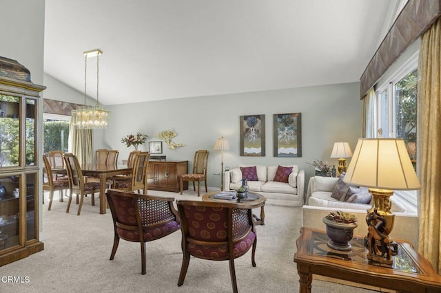 2142 Klamath Dr, Camarillo, CA 93010 - living area with lofted ceiling, healthy amount of natural light, light carpet, and a chandelier