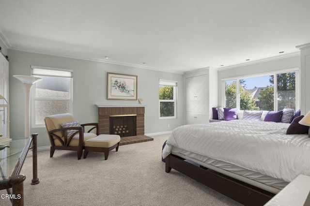 2142 Klamath Dr, Camarillo, CA 93010 - bedroom featuring light carpet, ornamental molding, and a fireplace