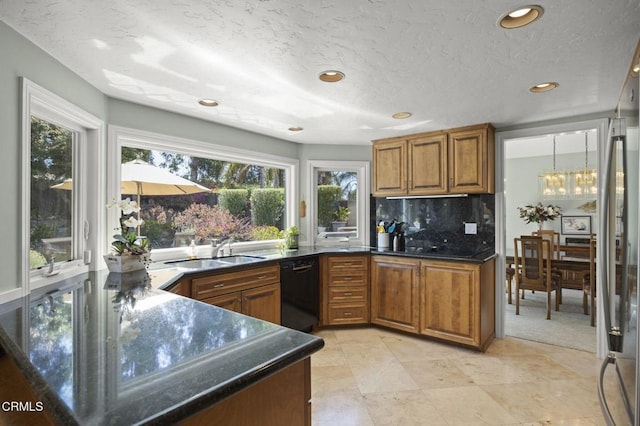 2142 Klamath Dr, Camarillo, CA 93010 - kitchen featuring black dishwasher, brown cabinets, decorative backsplash, a textured ceiling, and recessed lighting