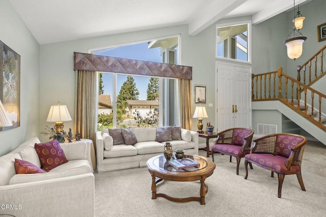 2142 Klamath Dr, Camarillo, CA 93010 - living area featuring carpet flooring, healthy amount of natural light, and stairs