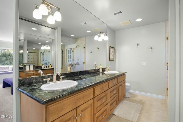 2142 Klamath Dr, Camarillo, CA 93010 - bathroom featuring double vanity, a shower stall, tile patterned flooring, and recessed lighting