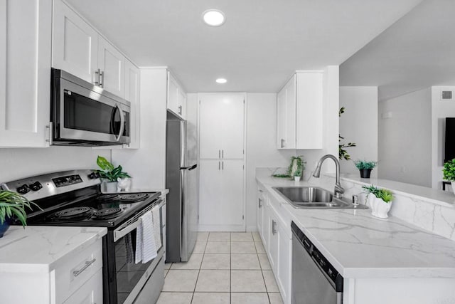 853 Dana Point Way, Oceanside, CA 92058 - kitchen with appliances with stainless steel finishes, a peninsula, light stone countertops, recessed lighting, and white cabinetry