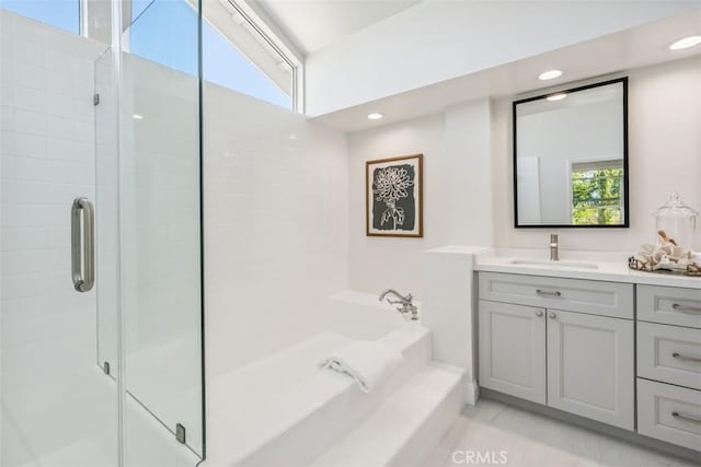 9 Phillips Cir, Laguna Niguel, CA 92677 - full bath with vanity, a shower stall, a bath, and recessed lighting