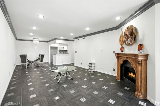 12720 Burbank Blvd Unit 121, Valley Village, CA 91607 - living area with crown molding, recessed lighting, and a warm lit fireplace