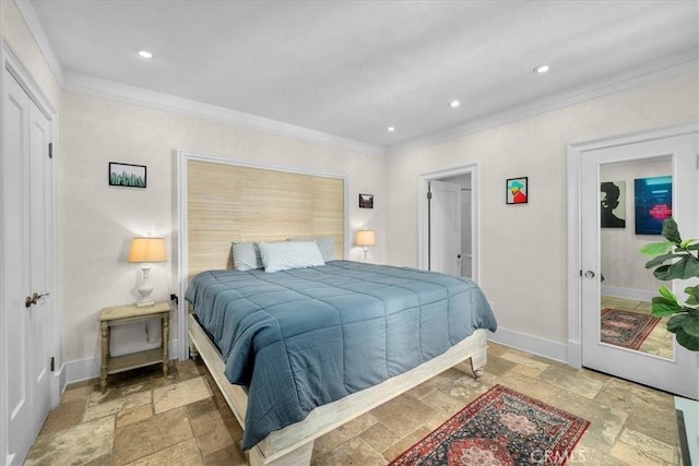315 W 3rd St Unit 301, Long Beach, CA 90802 - bedroom featuring stone tile floors, ornamental molding, and recessed lighting