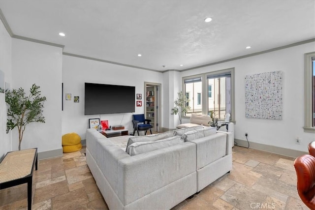 315 W 3rd St Unit 301, Long Beach, CA 90802 - living room featuring stone tile flooring, recessed lighting, and ornamental molding