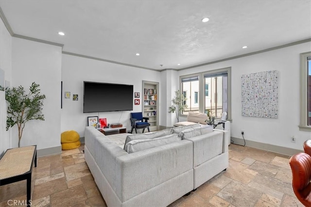 315 W 3rd St Unit 301, Long Beach, CA 90802 - living room featuring stone tile flooring, recessed lighting, and ornamental molding