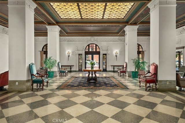 315 W 3rd St Unit 301, Long Beach, CA 90802 - community lobby with crown molding, a high ceiling, and coffered ceiling