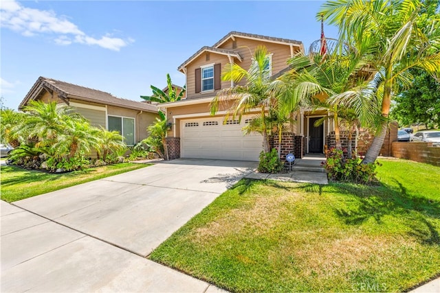 11209 Pinecone St, Corona, CA 92883 - view of front of house with a garage, concrete driveway, a front lawn, and brick siding