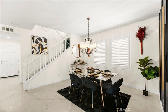 11209 Pinecone St, Corona, CA 92883 - dining area featuring stairs, light tile patterned flooring, and a chandelier