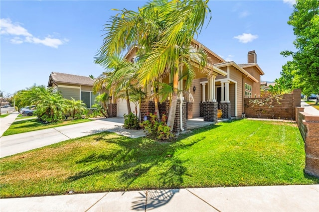 11209 Pinecone St, Corona, CA 92883 - view of front facade with a chimney, concrete driveway, an attached garage, brick siding, and covered porch
