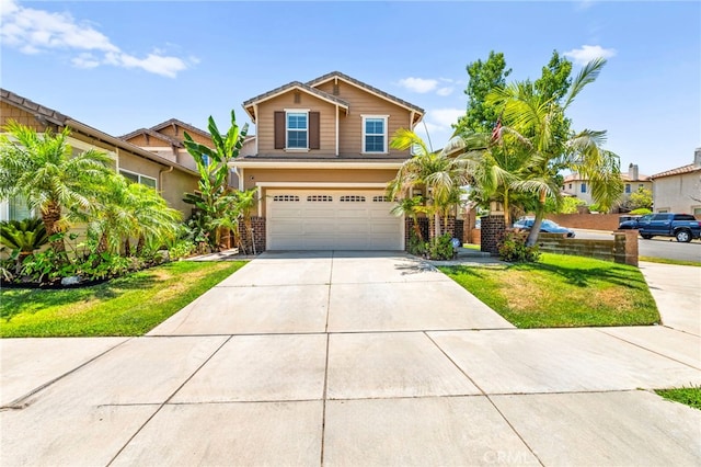 11209 Pinecone St, Corona, CA 92883 - view of front of house featuring brick siding, a garage, driveway, and a front yard
