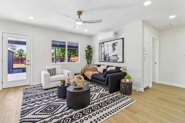 8450 Dallas St, La Mesa, CA 91942 - living room featuring a wall mounted AC, light wood-style floors, a ceiling fan, and recessed lighting