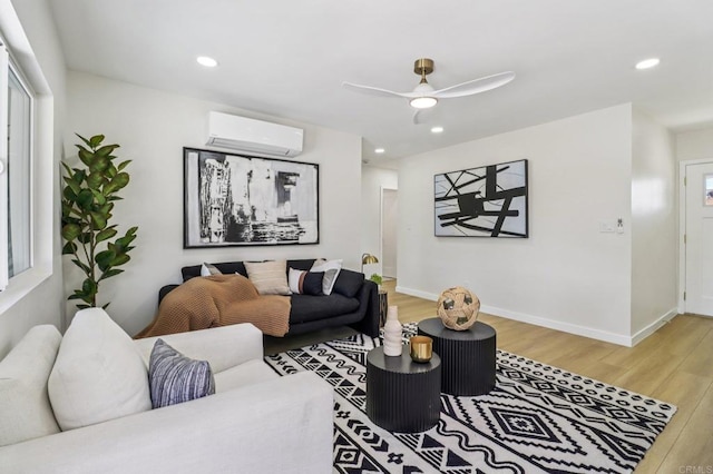 8450 Dallas St, La Mesa, CA 91942 - living area featuring a wall mounted air conditioner, light wood-style flooring, ceiling fan, and recessed lighting