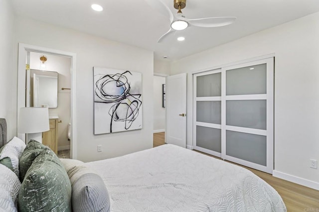 8450 Dallas St, La Mesa, CA 91942 - bedroom with wood finished floors, recessed lighting, ceiling fan, and ensuite bath