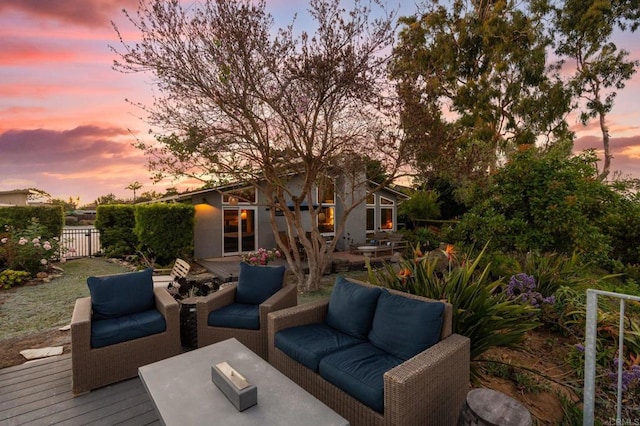 764 E Solana Cir, Solana Beach, CA 92075 - deck at dusk featuring an outdoor living space and a patio
