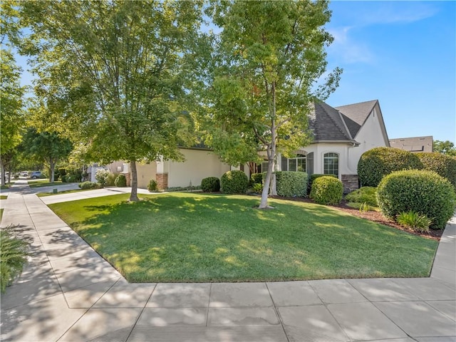 425 W Trenton Ave, Clovis, CA 93619 - obstructed view of property with stucco siding, a front yard, and stone siding