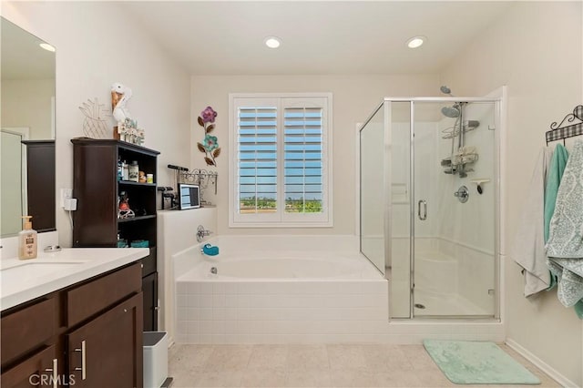 9574 Alta Cresta Ave, Riverside, CA 92508 - bathroom with a stall shower, vanity, a bath, tile patterned flooring, and recessed lighting