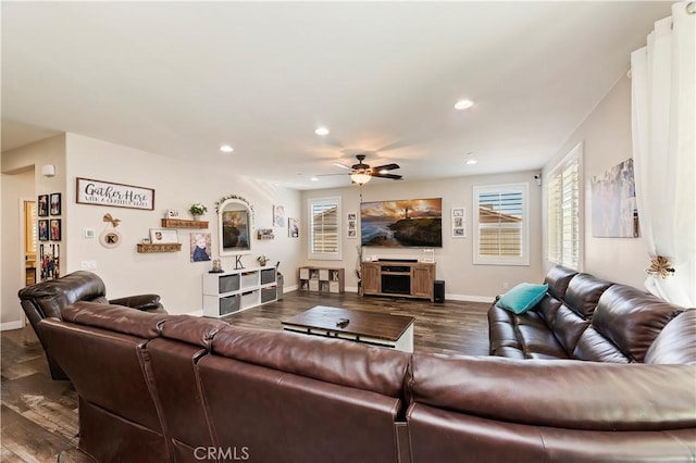 9574 Alta Cresta Ave, Riverside, CA 92508 - living room featuring a ceiling fan, recessed lighting, and dark wood-style flooring