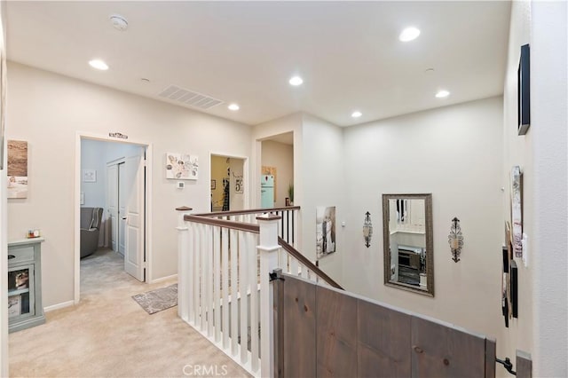 9574 Alta Cresta Ave, Riverside, CA 92508 - hall featuring an upstairs landing, light carpet, and recessed lighting