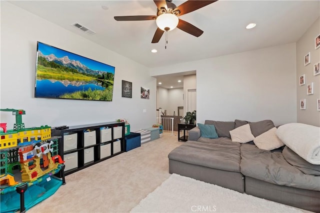 9574 Alta Cresta Ave, Riverside, CA 92508 - living area featuring carpet flooring, a ceiling fan, and recessed lighting