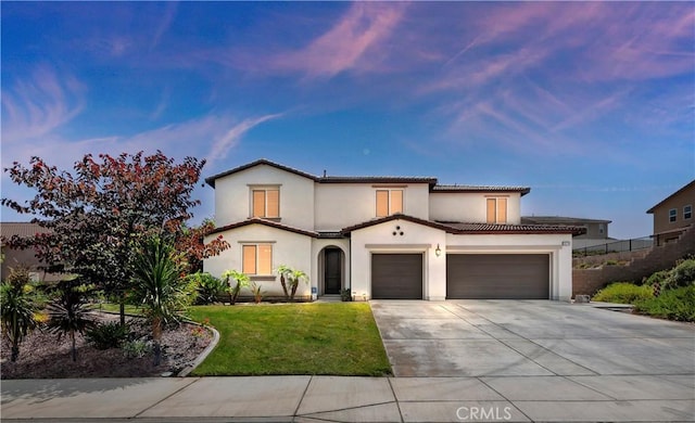 9574 Alta Cresta Ave, Riverside, CA 92508 - mediterranean / spanish house with a garage, stucco siding, concrete driveway, a front yard, and a tiled roof