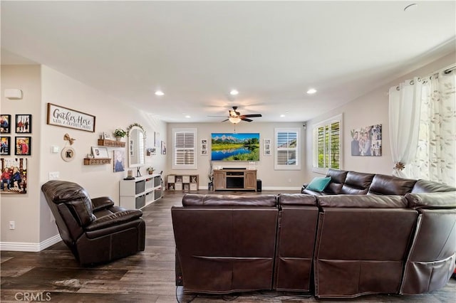 9574 Alta Cresta Ave, Riverside, CA 92508 - living room with recessed lighting, a ceiling fan, and dark wood-type flooring