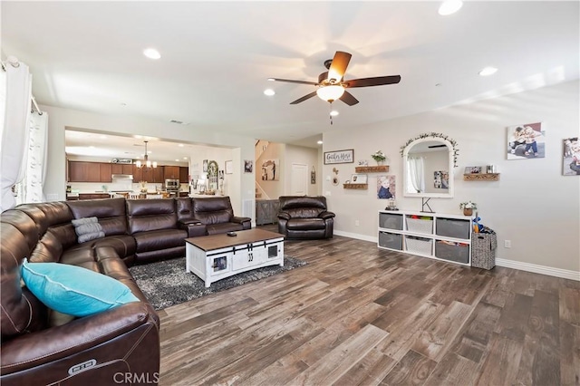 9574 Alta Cresta Ave, Riverside, CA 92508 - living room with wood finished floors, a ceiling fan, a chandelier, and recessed lighting