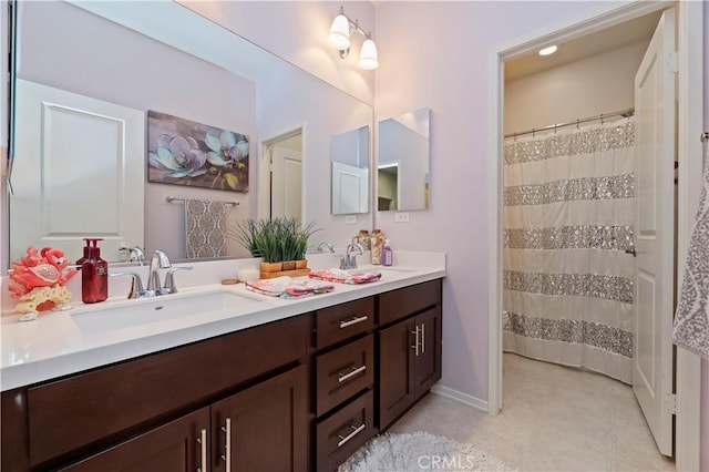 9574 Alta Cresta Ave, Riverside, CA 92508 - full bath with double vanity, tile patterned floors, and a shower with curtain