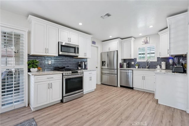 3126 E Merrygrove St, West Covina, CA 91792 - kitchen with stainless steel appliances, light wood finished floors, decorative backsplash, white cabinetry, and recessed lighting