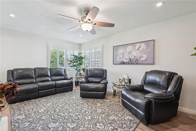 3126 E Merrygrove St, West Covina, CA 91792 - living room featuring wood finished floors, ceiling fan, and recessed lighting