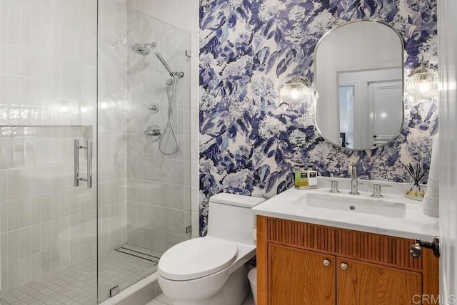 3131 Ferncreek Ln, Escondido, CA 92027 - bathroom featuring wallpapered walls, a stall shower, and vanity