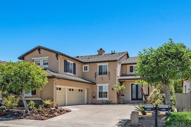 3131 Ferncreek Ln, Escondido, CA 92027 - traditional home featuring an attached garage, driveway, stucco siding, and a chimney