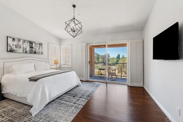 3131 Ferncreek Ln, Escondido, CA 92027 - bedroom featuring access to exterior, wood finished floors, vaulted ceiling, and a chandelier
