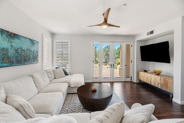 3131 Ferncreek Ln, Escondido, CA 92027 - living room with a ceiling fan, wood finished floors, and french doors