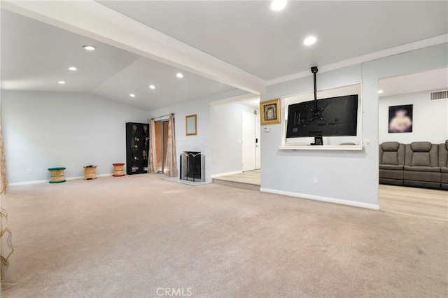 8303 Topeka Dr, Northridge, CA 91324 - unfurnished living room featuring recessed lighting, carpet floors, and vaulted ceiling